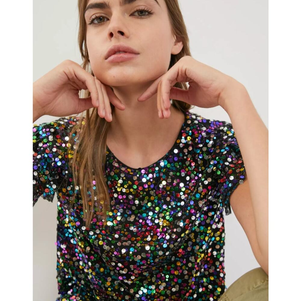 by ANTHROPOLOGIE Pamela Sequin Top Small Black Multicolor Party Sparkle Glam - Picture 11 of 13